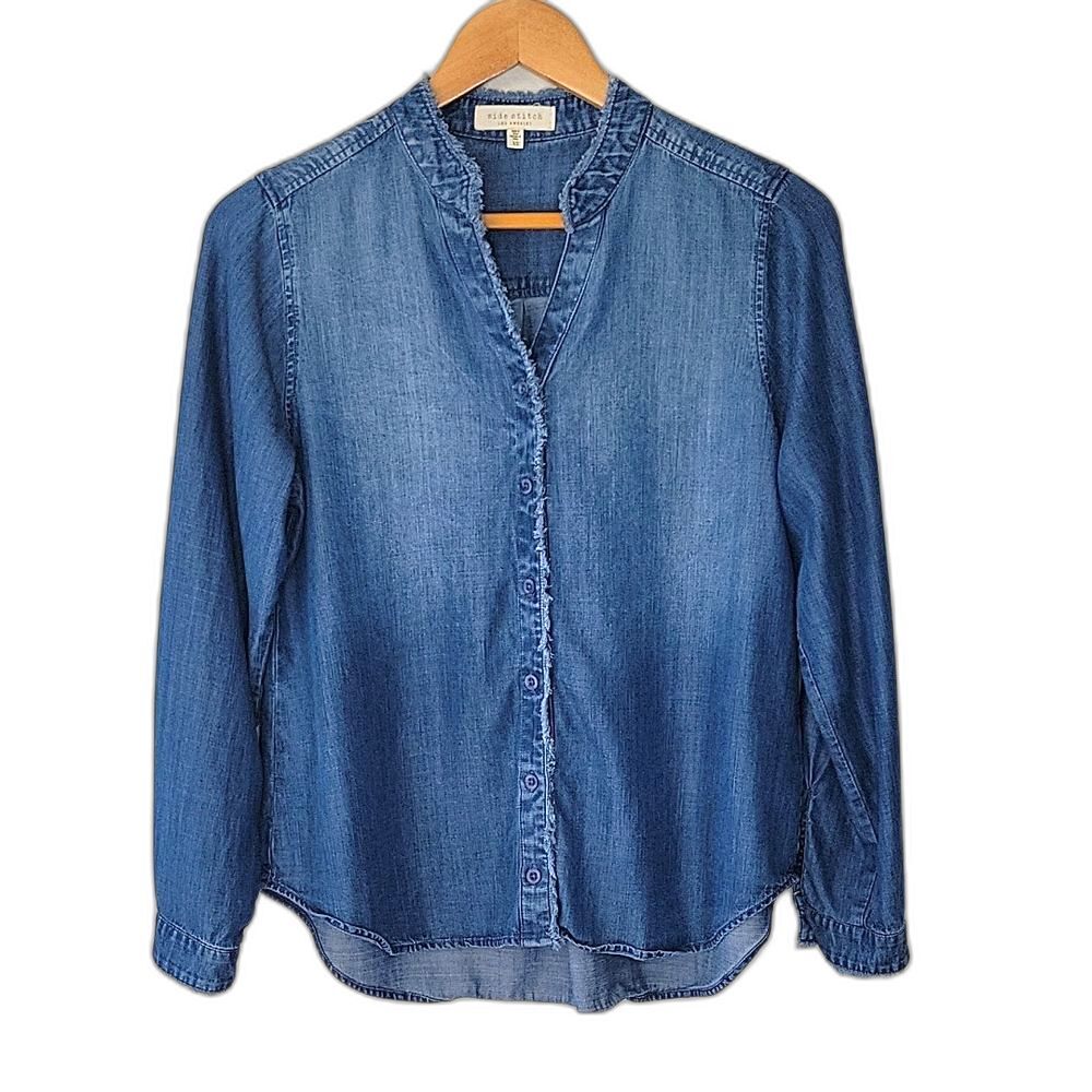 SIDE STITCH Blue 100% Lyocell Button-Up Long Sleeve Fringe Shirt size XS